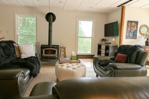 Una Smart TV, una chimenea, videojuegos, libros