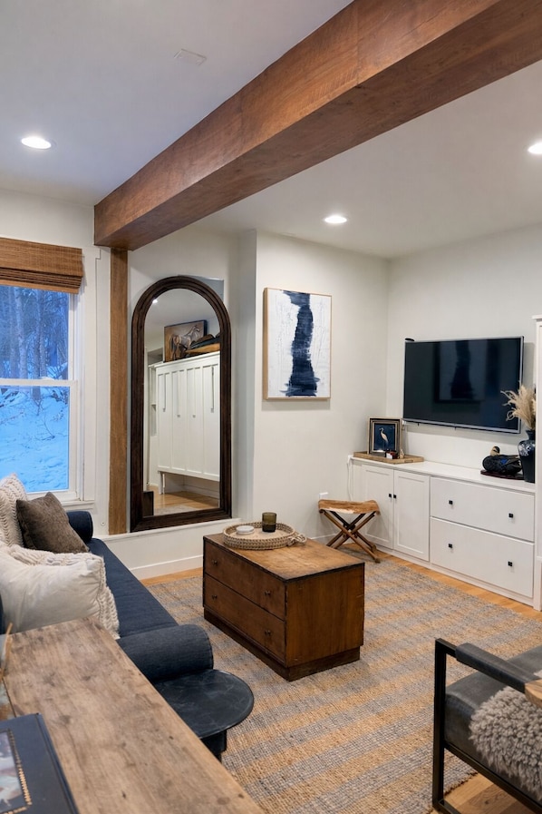Smart TV, fireplace, video games, books