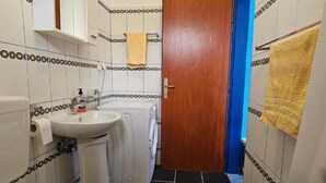 Un baño pequeño con inodoro, lavamanos y lavadora.