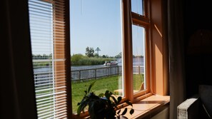 A window with a view of a river, a wooden deck, and a plant.