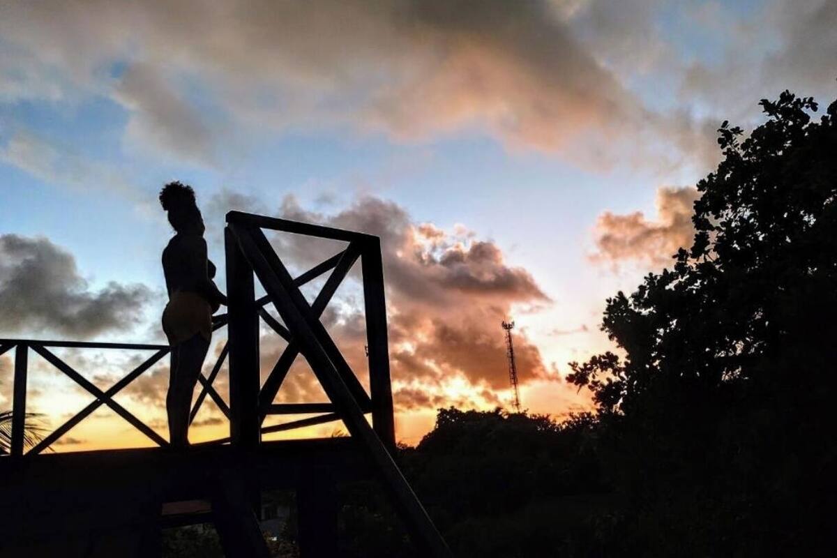 A silhouette of a person standing on a structure with a metal framework against a sunset sky.