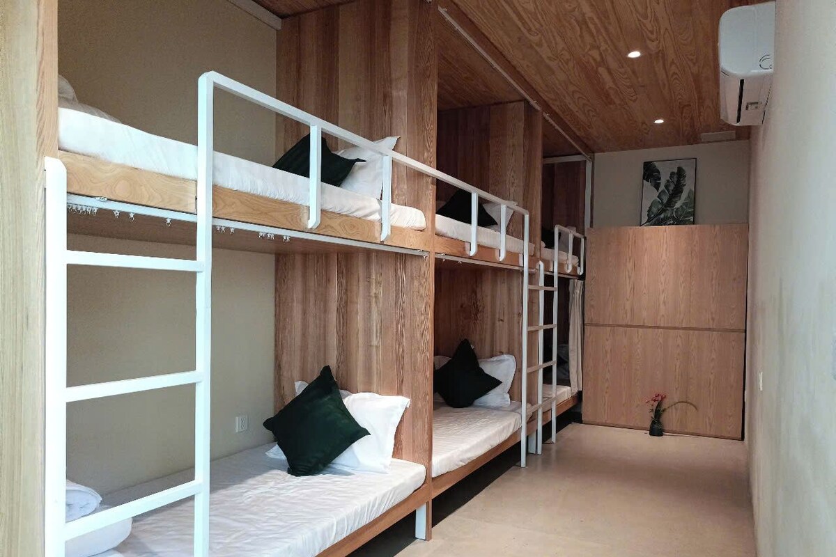 A bunk bed room with wooden walls and a white ceiling.