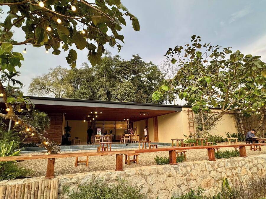 Un espace extérieur aménagé avec des bancs et des tables en bois, entouré d’un mur de pierre et de verdure.