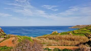 Un paisaje costero con vista despejada al mar, campos cubiertos de hierba y un afloramiento rocoso en la distancia.