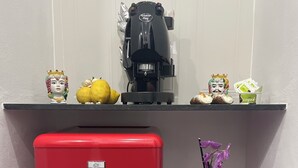 Un refrigerador rojo compacto, una cafetera y una repisa con objetos decorativos y una planta en maceta.
