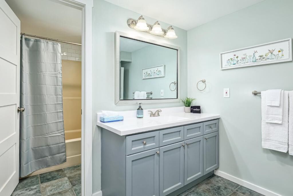 Combined shower/tub, hair dryer, towels, soap
