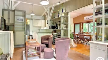 Télévision, cheminée, livres, espaces bureaux