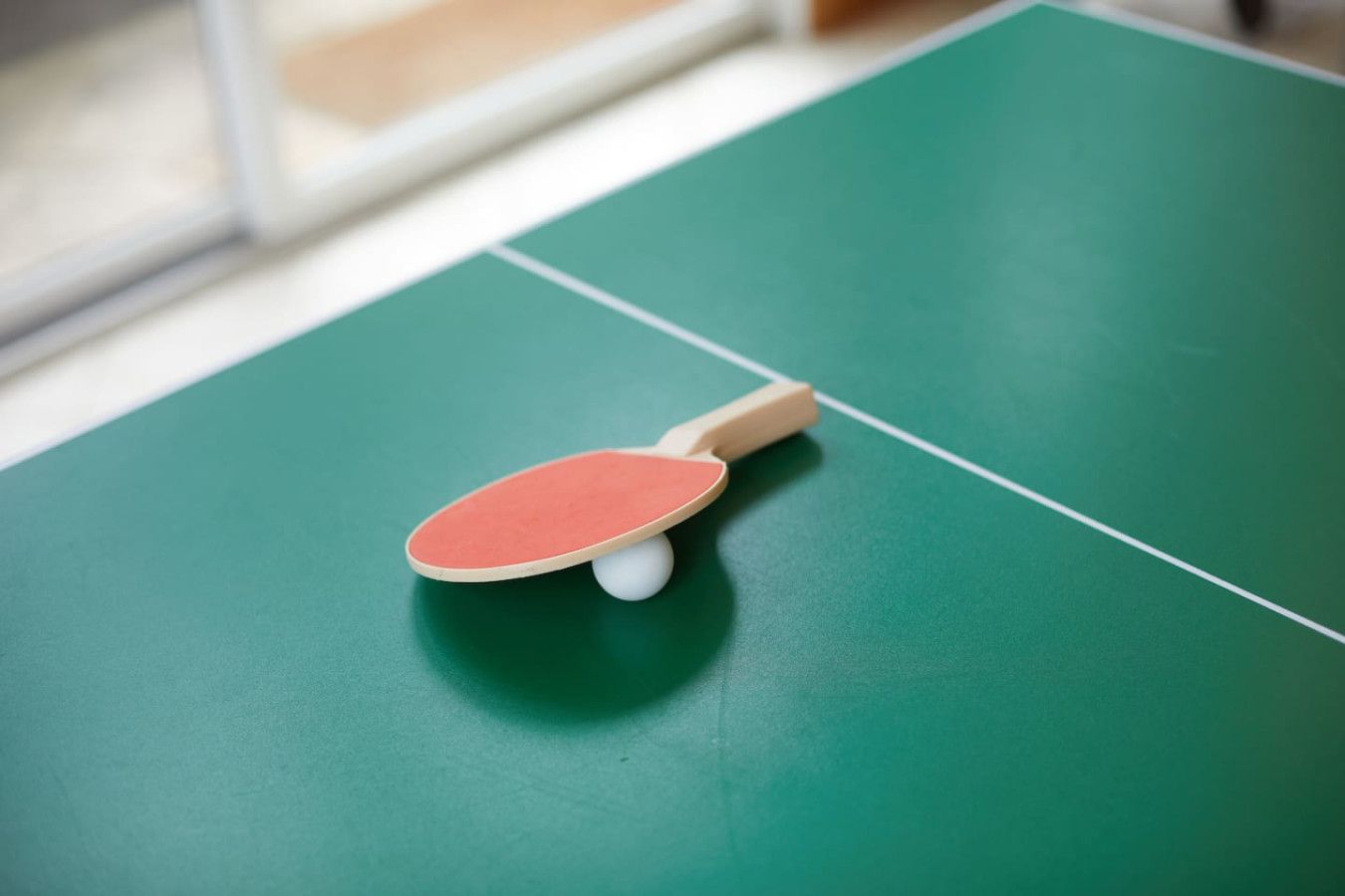 A table tennis table with a paddle and a ball.