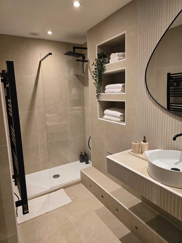 Shower, towels, toilet paper