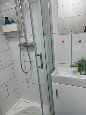 Shower, towels, soap, toilet paper