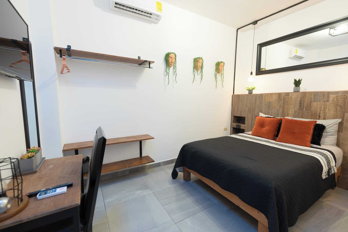 A modern hotel room with a bed, a desk with a chair, a bench, and a wall-mounted shelf with plants.