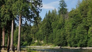 Un área de estar al aire libre con dos mesas y cuatro sillas, rodeada por un tapete estampado, con vista a un río y una zona boscosa.