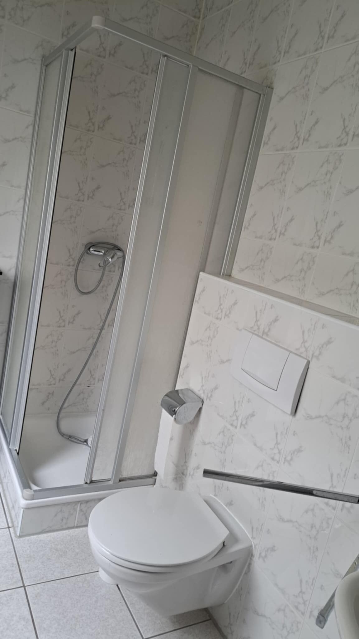 A bathroom with a toilet, a shower enclosure, and a marble-patterned wall.