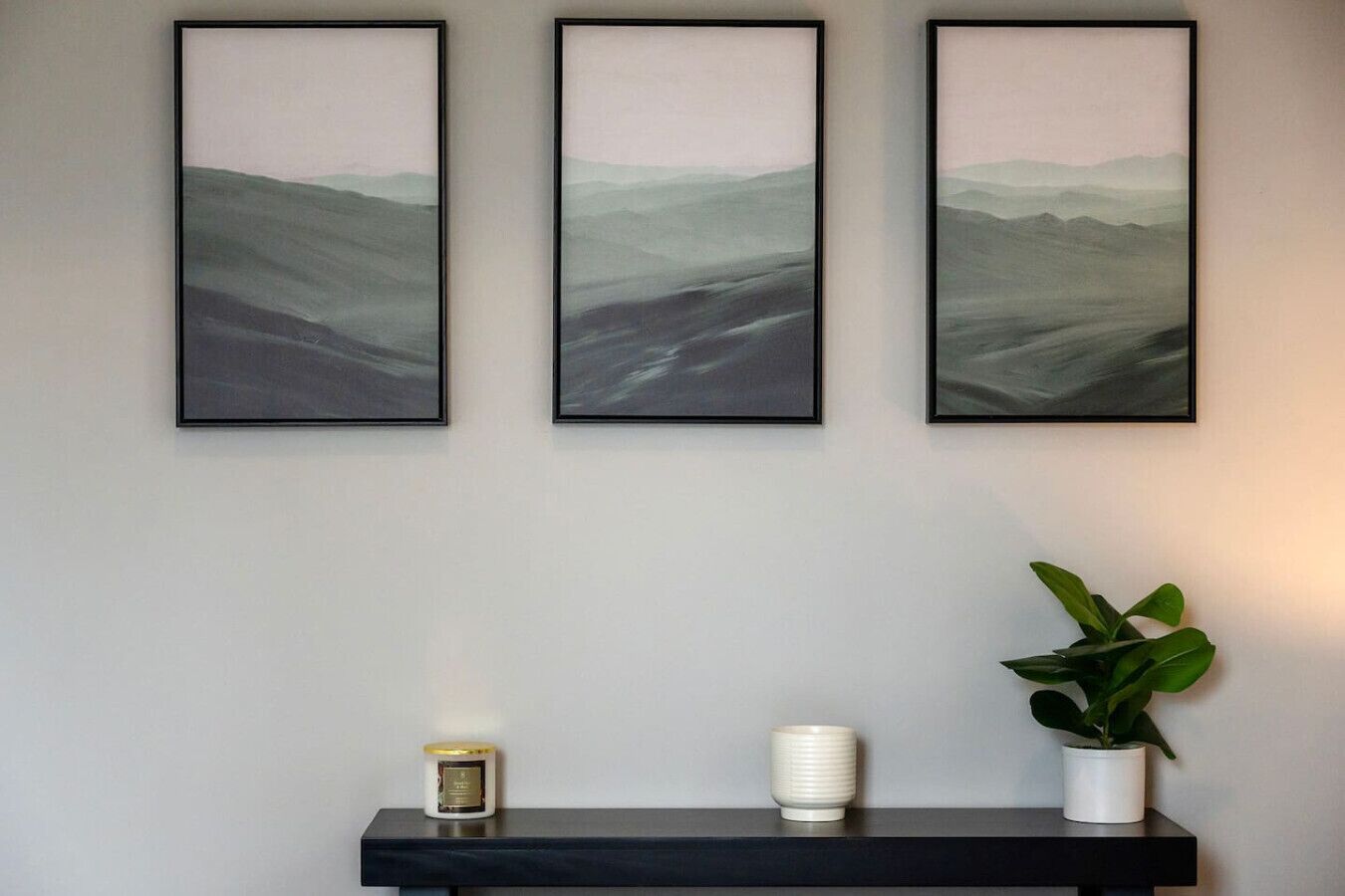 Trois tableaux abstraits encadrés sont accrochés au mur, au-dessus d’une console noire sur laquelle sont posés un pot de fleurs et un petit objet décoratif.