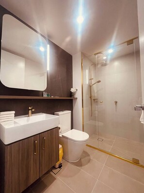 Shower, hair dryer, towels, soap