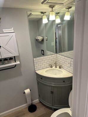 Hair dryer, towels, soap, toilet paper
