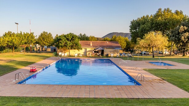 A rectangular swimming pool with a tiled deck, surrounded by grass and trees.
