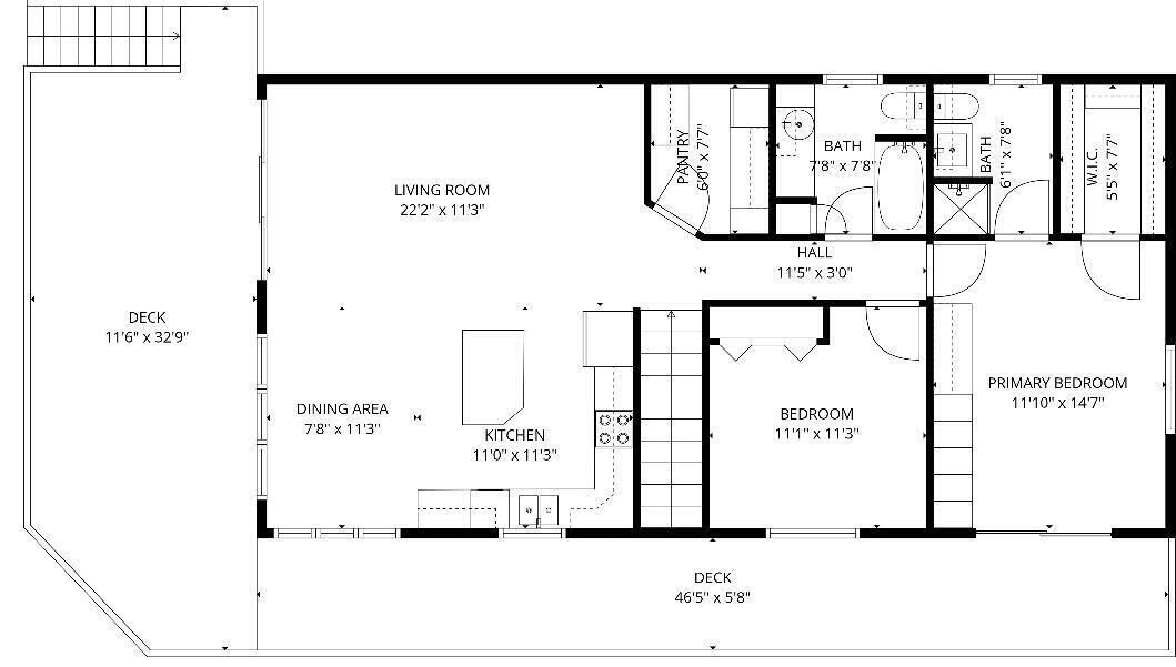A floor plan of a house with a living room, dining area, kitchen, bedroom, and bathroom.