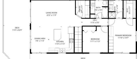 A floor plan of a house with a living room, dining area, kitchen, bedroom, and bathroom.