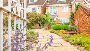 A residential street with houses, a paved pathway, and various plants.