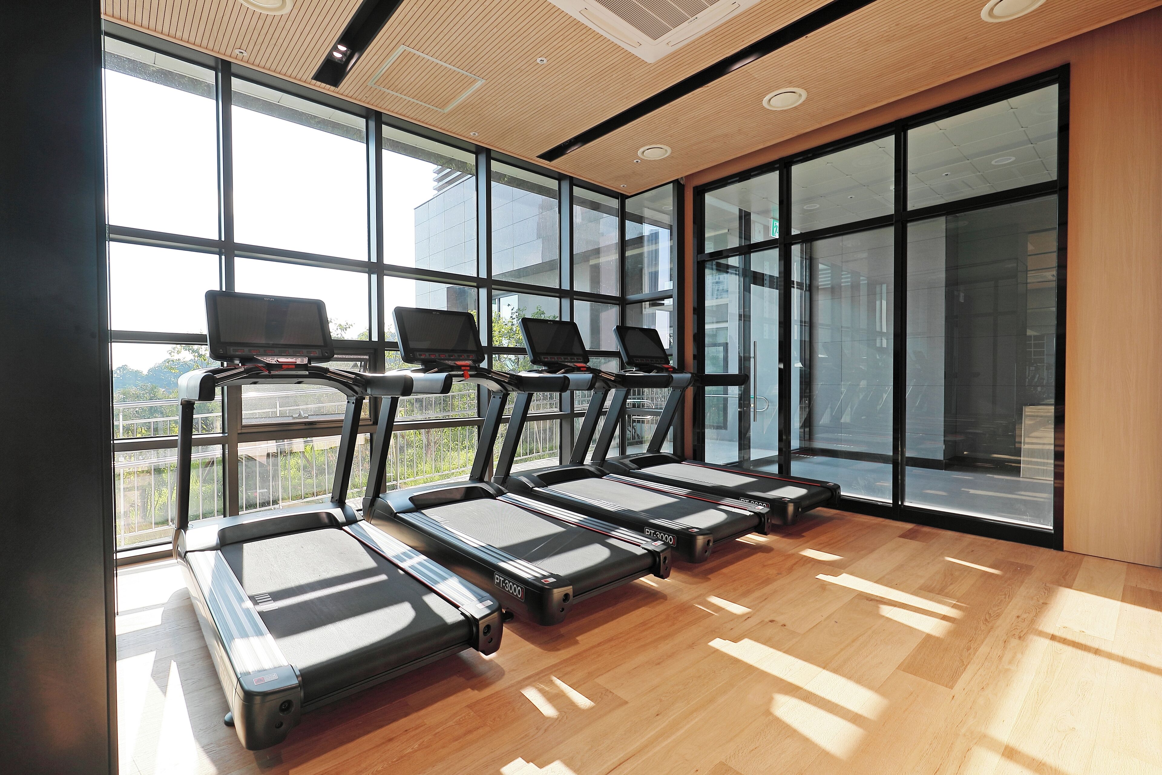Ein Fitnessraum mit reihenweise angeordneten Laufbändern, großen Fenstern und Holzboden.