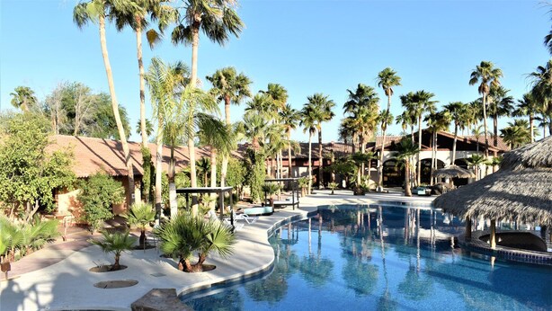 A resort pool area with palm trees, a thatched-roof structure, and a clear blue sky. - Hacienda Monarcas Resort (Puerto Peñasco)