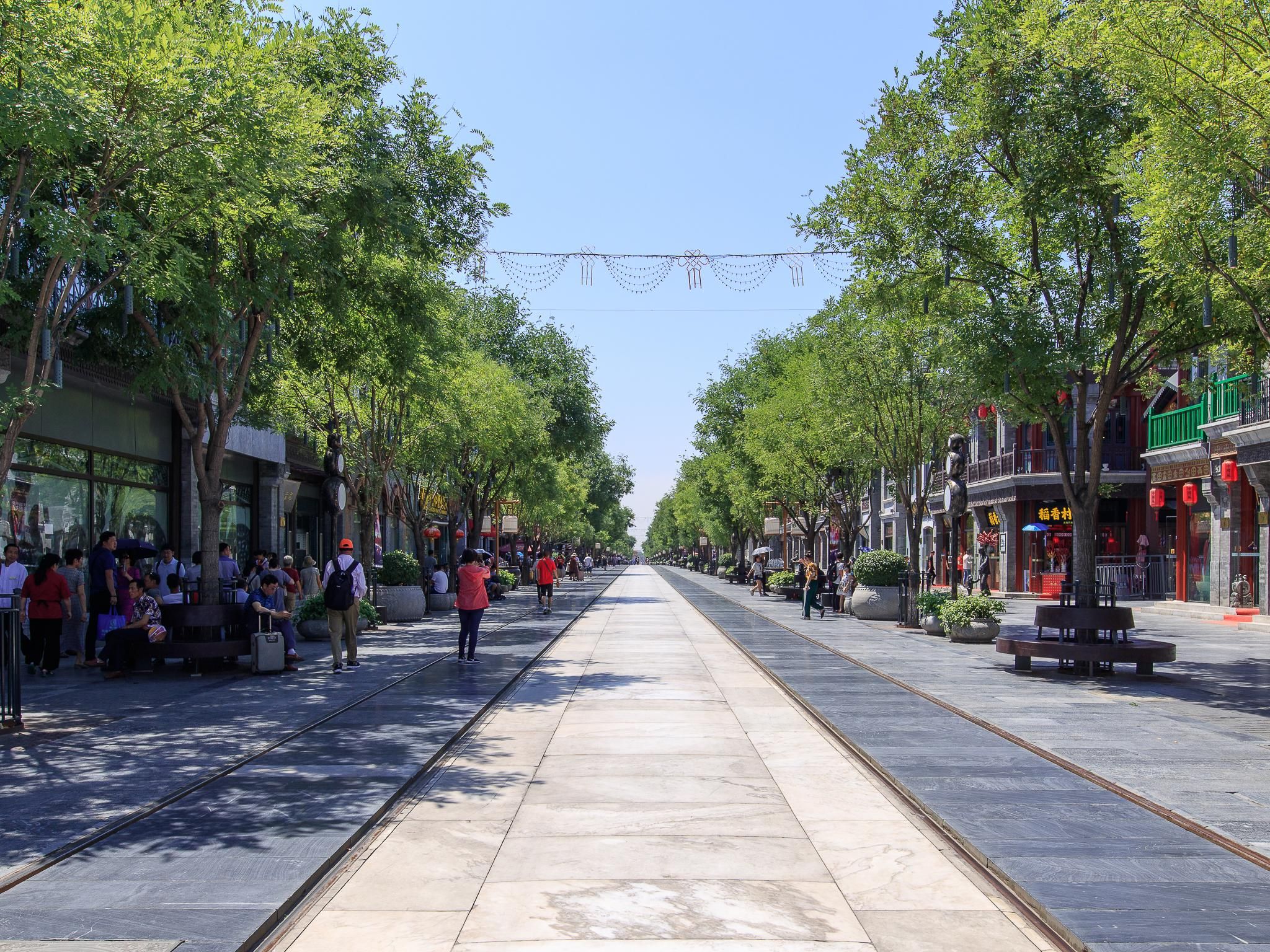 A tree-lined street with shops and benches.
