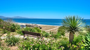 A bench in a garden with a view of the ocean and mountains.