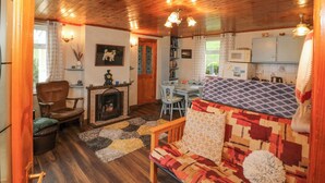 A cozy living room with a fireplace, wooden ceiling, and a patterned sofa. - LEHANMORE HOUSE, pet friendly in Allihies, County Cork (Beara)
