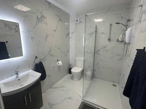 Shower, hair dryer, towels