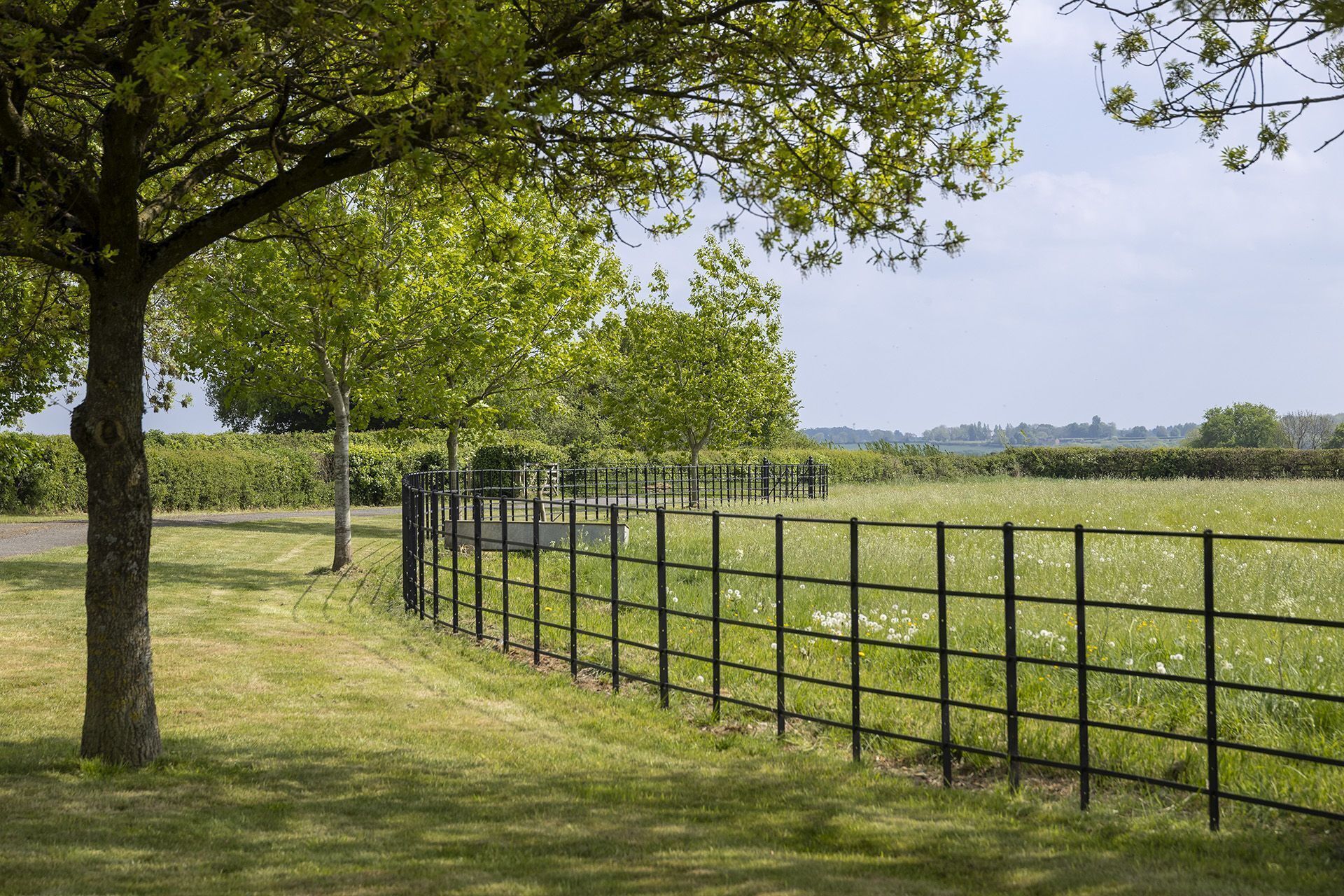 A fenced pathway through a grassy area with trees and a distant view of a field.