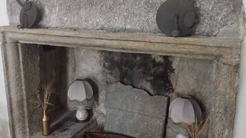 Une cheminée rustique avec un manteau en pierre, deux appliques murales et un vase décoratif contenant des roseaux.