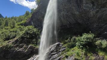Ein Wasserfall stürzt über eine felsige Klippe, umgeben von üppigem Grün.