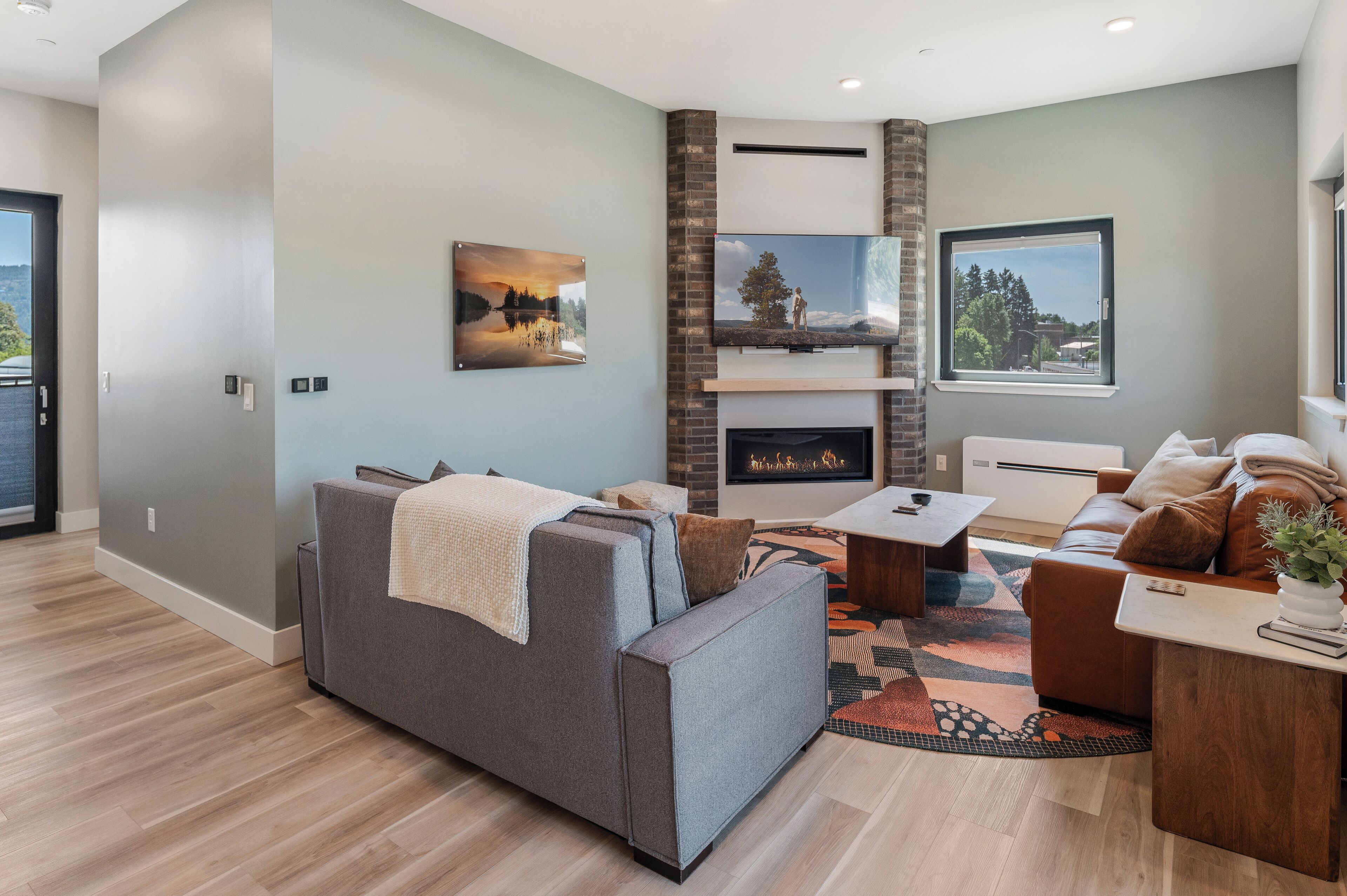 Smart TV, fireplace, books, stereo