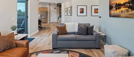 TV connectée, cheminée, livres, chaîne hi-fi