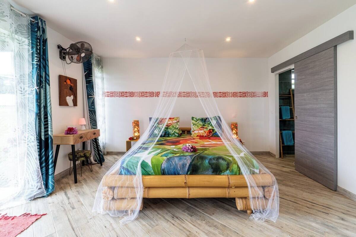 A bedroom with a bed covered in a colorful canopy, a bedside table with a lamp, a wall-mounted fan, and a wooden floor.