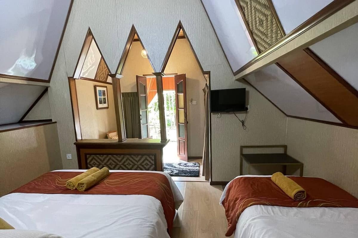 Une chambre avec deux lits, un miroir, une télévision et une vue sur l’extérieur.