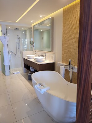 Shower, jetted bath, hair dryer, towels