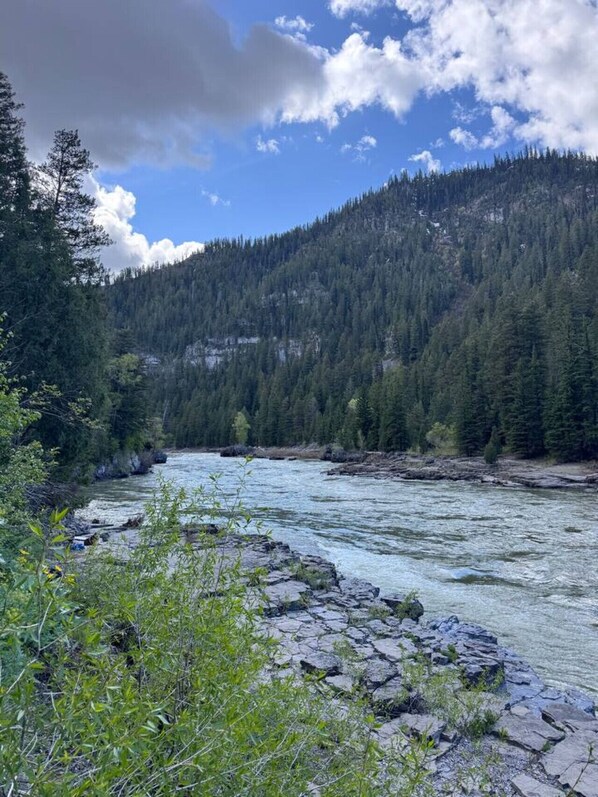 A river flowing through a forested valley with rocky terrain and dense trees.