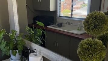 Una cocina con armarios, una ventana con persianas, un lavamanos, una planta en maceta, un escurreplatos, un bol y una copa de vino.