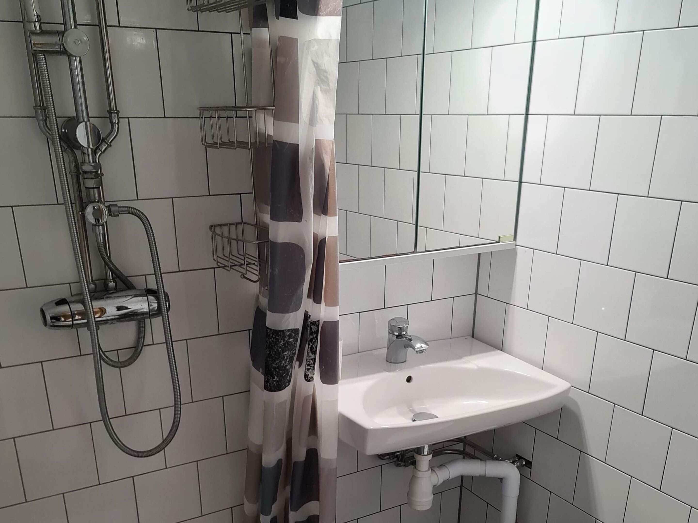 A bathroom with a shower, a sink, and a mirror.
