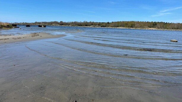 A riverbank with clear water, a sandy shore, and a distant bridge. - 4 Star Holiday Home in Karlskrona (Hasslö)