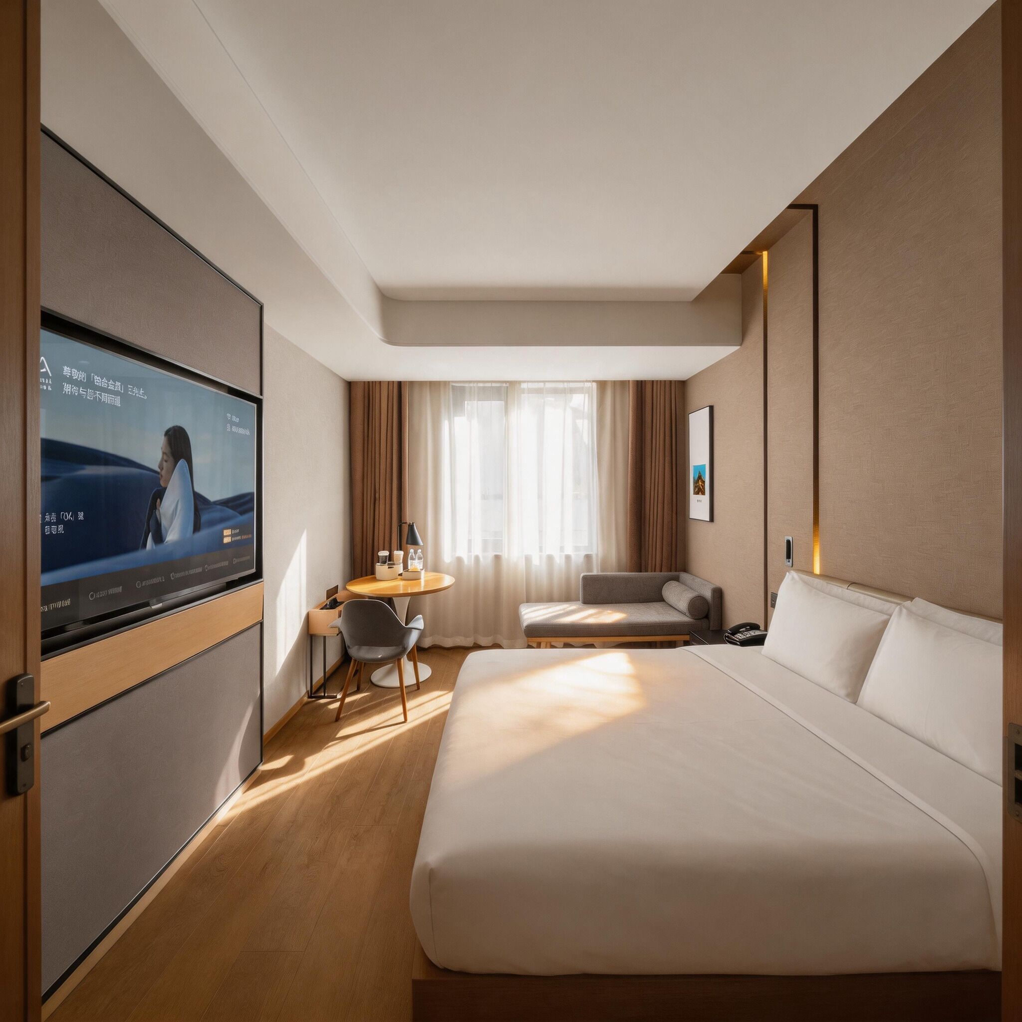 Una habitación de hotel con cama, escritorio, silla, televisor y ventana con cortinas.