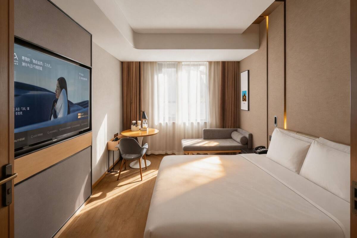 A hotel room with a bed, a desk, a chair, a TV, and a window with curtains.