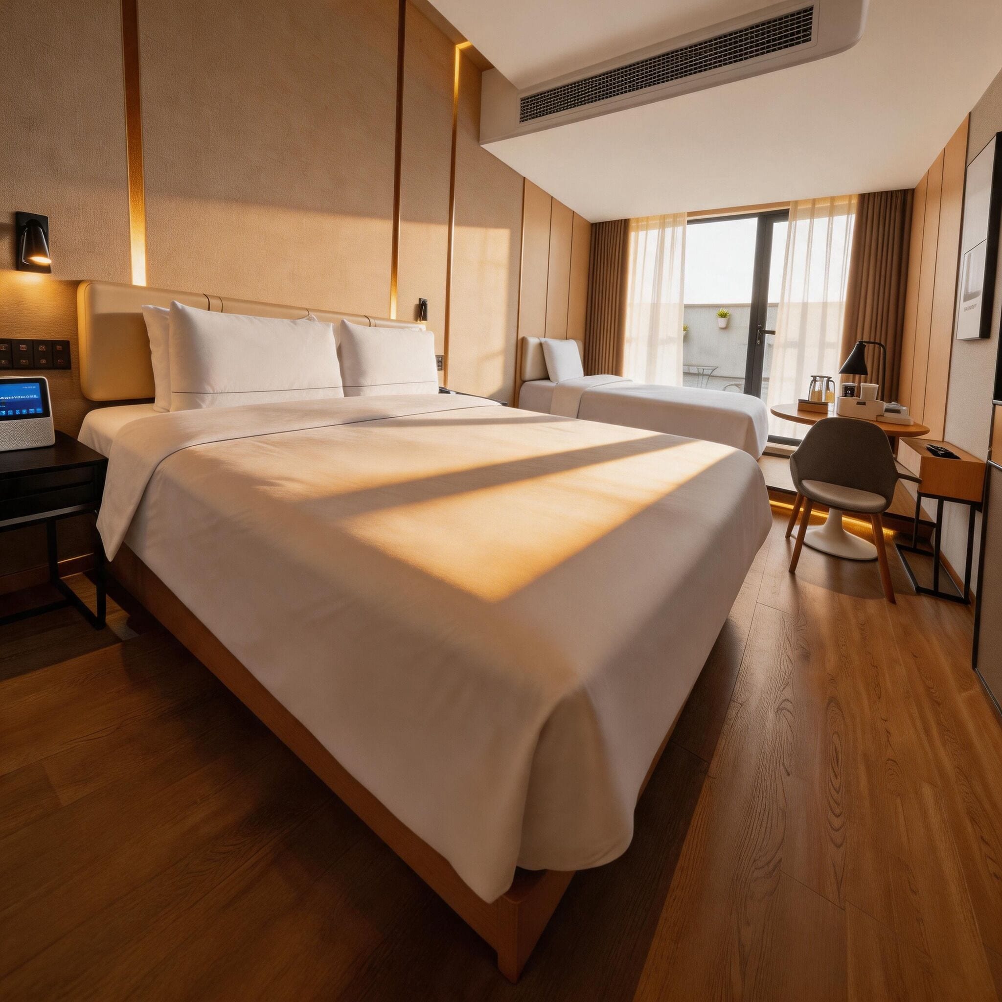 Habitación de hotel con una cama grande, mesitas de noche, un escritorio y una silla.