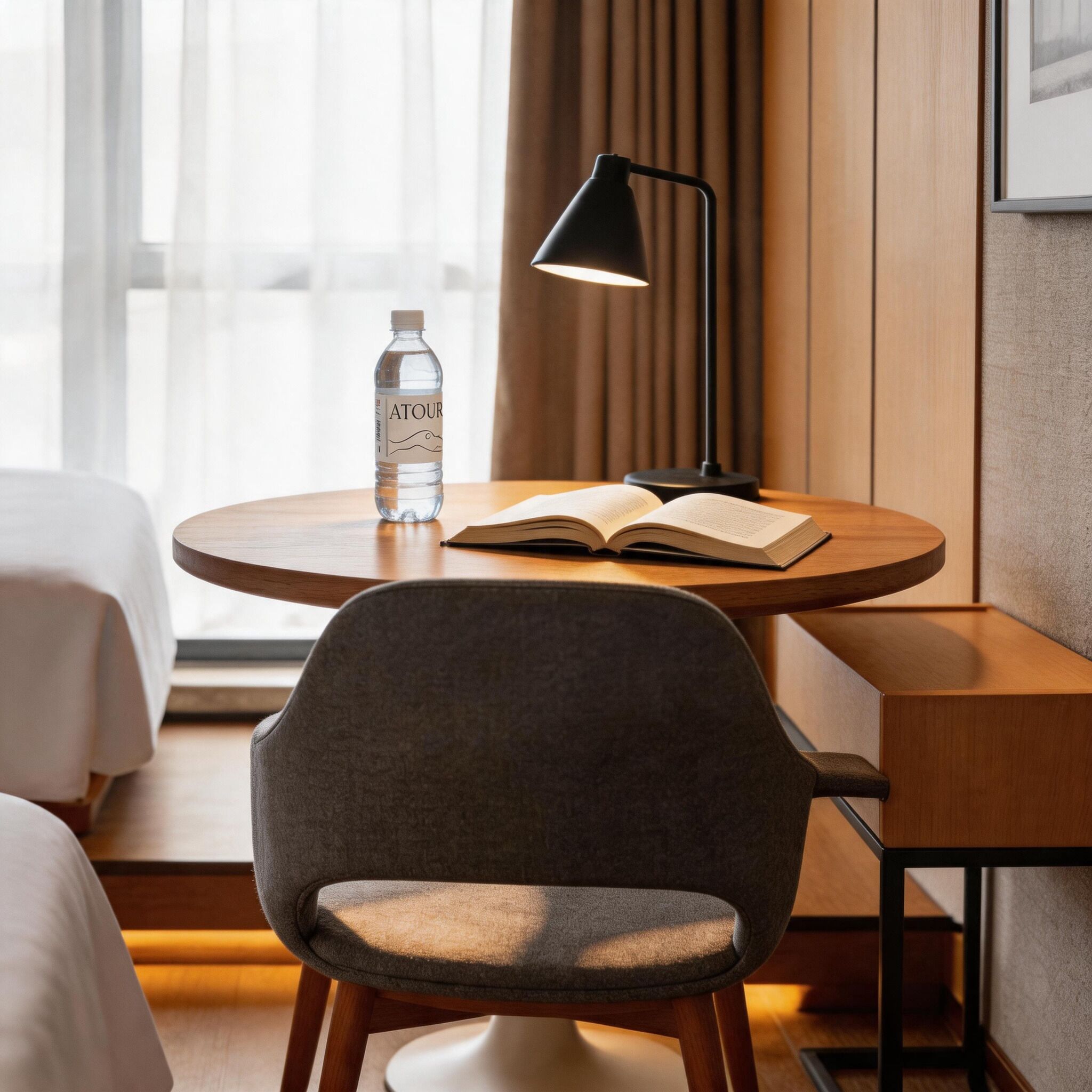 Quarto de hotel com uma mesa redonda de madeira, uma cadeira cinza, um abajur preto, um livro aberto e uma garrafa de água.