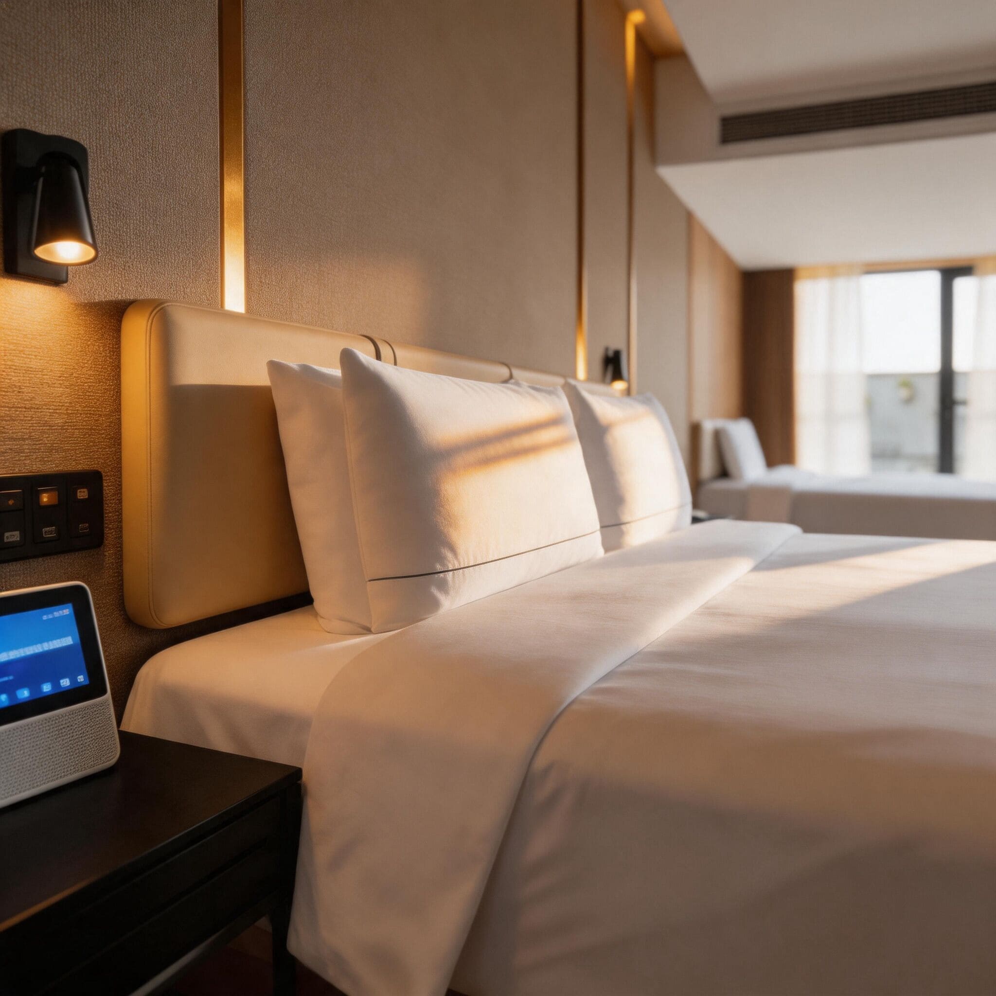 Una habitación de hotel con cama, mesita de noche y panel de control.