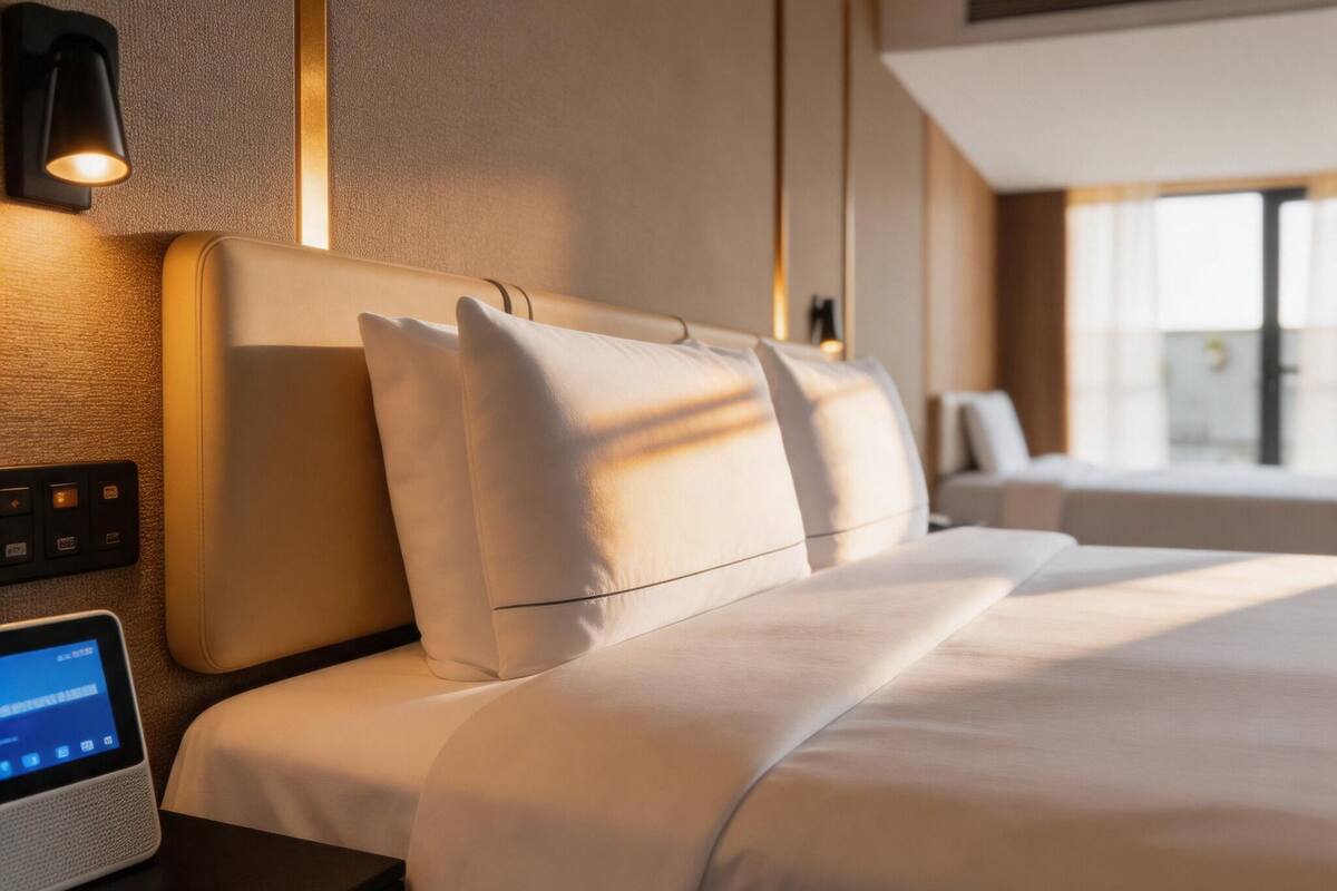 A hotel room with a bed, bedside table, and a control panel.