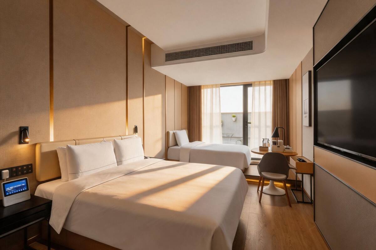 A hotel room with two beds, a desk, a chair, a TV, and a control panel.