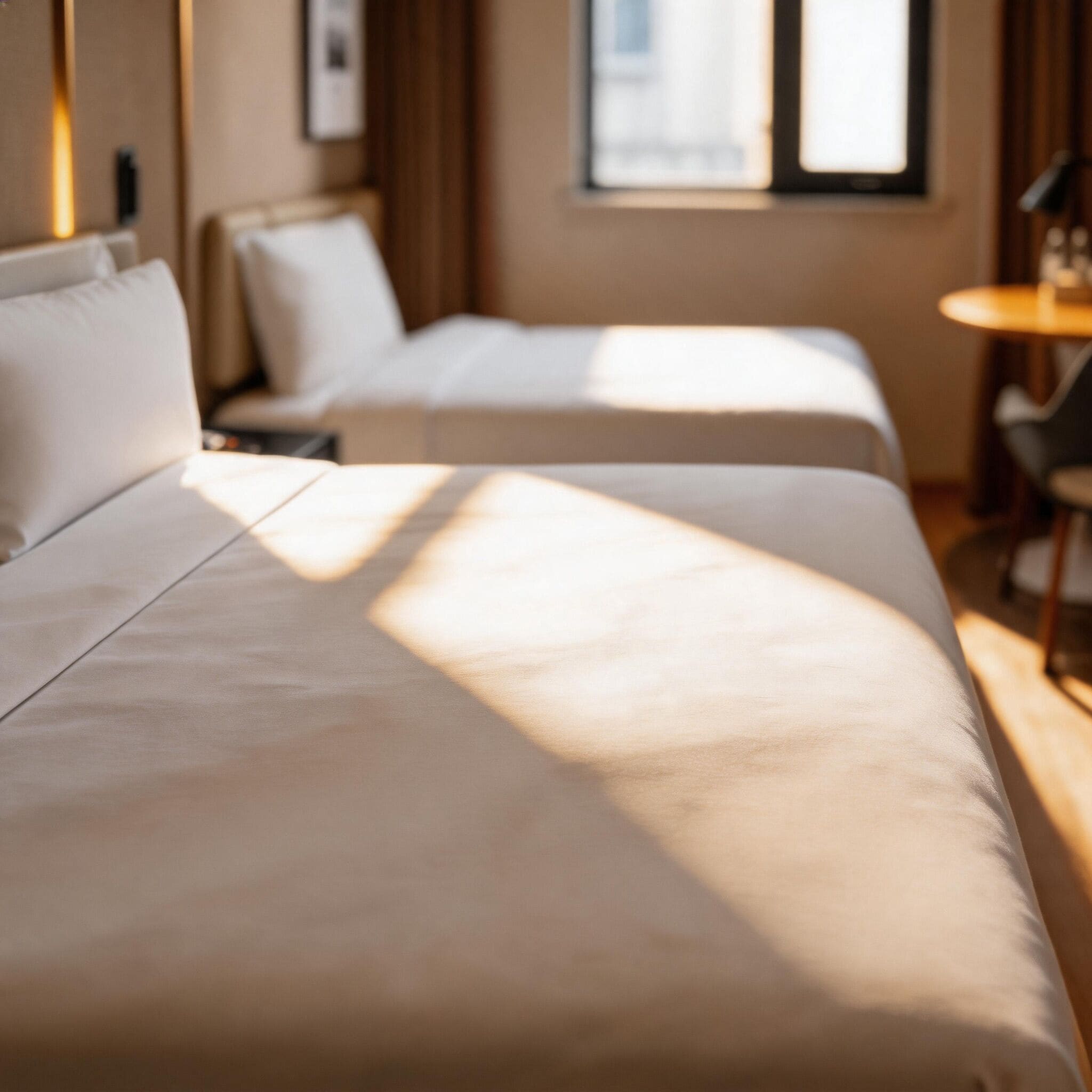 Una habitación de hotel con dos camas, una mesita y un ventanal.